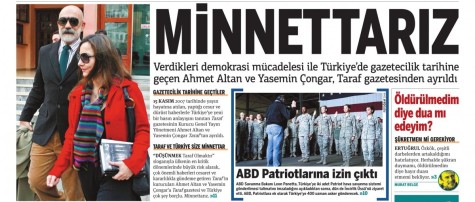 Front page banner on Dec. 15, showing a picture of Altan and Çongar. The headline reads "We are grateful"