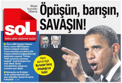 And the view from the orthodox left, from March 25: ‘Kiss, make up, go to war’, referring to Obama’s pressuring of Netanyahu to apologize, helped by Turkey and Israel’s apparently similar perspectives on the Syrian civil war.