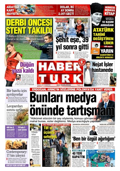 Habertürk parroting the prime minister on Nov. 9. With unintended irony, the headline quotes Erdoğan’s response to Deputy PM Bülent Arınç’s criticism of the mixed-sex student housing debate: ‘I don’t discuss these things in front of the media’. 